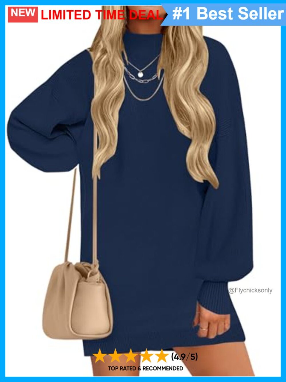 Mock Neck Mini Sweater Dress Long Sleeve Ribbed Knit Pullover